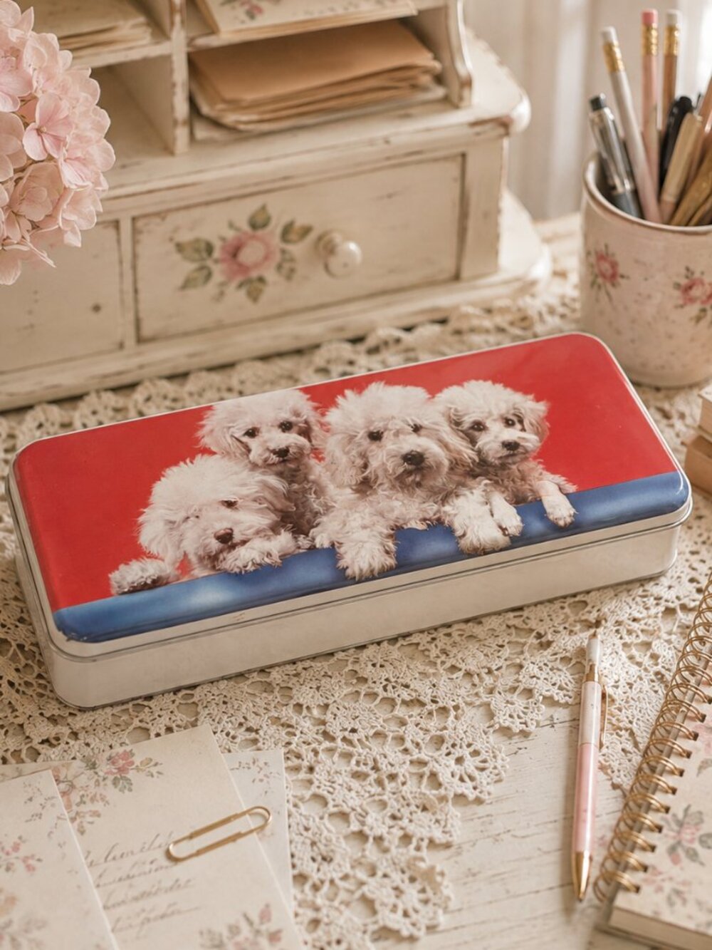 Vintage Thornes Toffee Tin Puppy Dogs Red Blue Storage Tin 10 x 4 inches